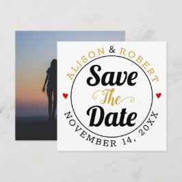 Schwarzgoldtypografie Rote Herzen Foto auf der Rüc Save The Date