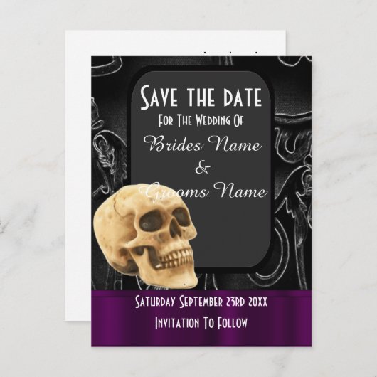 Schwarzgothischer Schädel Save the Date Ankündigungspostkarte (Vorne/Hinten)