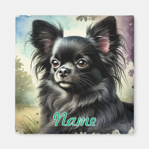 Schwarzhaariger Langhaar-Chihuahua in Aquarell Magnet