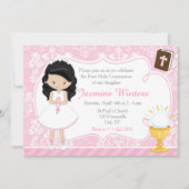 Schwarzhaarmädchen Erste Kommune Damask Einladung (Vorderseite)