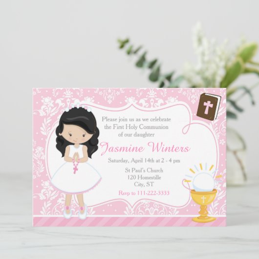 Schwarzhaarmädchen Erste Kommune Damask Einladung (Stehend Vorderseite)