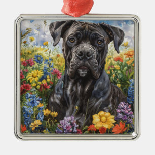 SCHWARZKANDER CORSO HUND IM FLORALEN FELD ORNAMENT AUS METALL