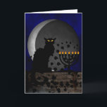 Schwarzkatze Chanukah Feiertagskarte<br><div class="desc">Eine Silhouette von Théophile Steinlens Black Cat für den Le Chat Noir Club in einem modernen Ambiente für Chanukah mit einer schwarzen Katze mit einer hellen Menorah und einem schwindenden Mond.</div>