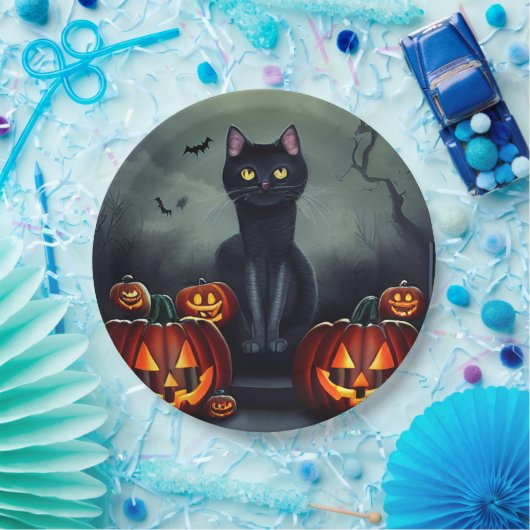 Schwarzkatze, Fledermäuse und Jack-O-Laternen Pappteller (Party)