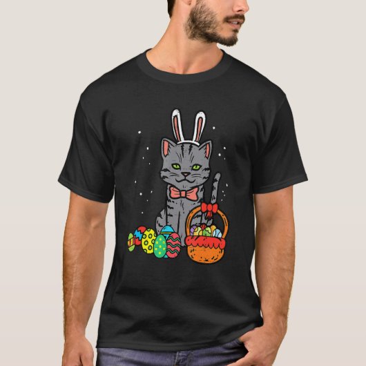 Schwarzkatze Osterhase Ostereier Korb T-Shirt (Vorderseite)