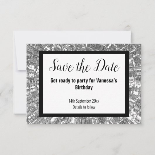 SCHWARZMETALLIK-PARTY SAVE THE DATE weiß Ankündigung (Vorderseite)