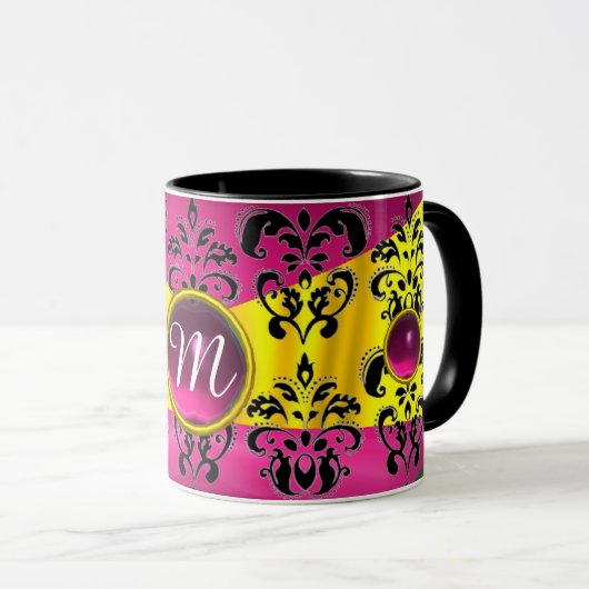 SCHWARZPINK GOLD FUCHSIA DAMASK GEMSTONE MONOGRAMM TASSE (VorderseiteRechts)