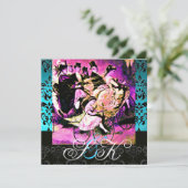 SCHWARZPINK LILA BICYCLE WEDD DAMASK MONOGRAM EINLADUNG (Stehend Vorderseite)