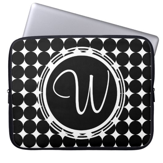 Schwarzpolka-Dot-Monogramm Laptopschutzhülle (Vorderseite)