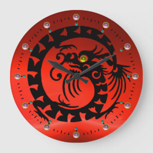 SCHWARZSCHNELLDRAGON MIT ROTEN PINKEN GEMSTONS GROßE WANDUHR