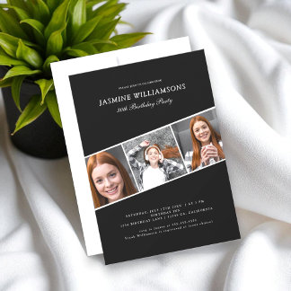 Schwarzweiß-3-Foto-Collage Geburtstag Einladung