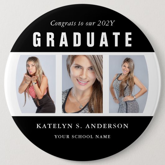 Schwarzweiß-Abschluss-FotoCollage Button (Vorderseite)