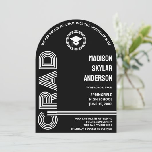 Schwarzweiß-Abschluss für Retro-Retro Einladung (Stehend Vorderseite)