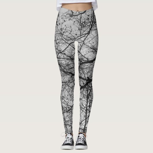 Schwarzweiss-Baumniederlassungsdruck auf Leggings (Vorderseite)