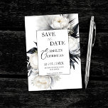 Schwarzweiß-Blume-Fotovorlage Save The Date<br><div class="desc">Schwarz-Weiß-Boho Peony Blume Pampas Gras elegante Hochzeit Save the Date bearbeitbare Vorlage Einladung Sofortdownload mit Foto auf der Rückseite</div>