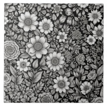 Schwarzweiß-Blume und Blätter