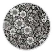 Schwarzweiß-Blume und Blätter Keramikknauf (Vorderseite)