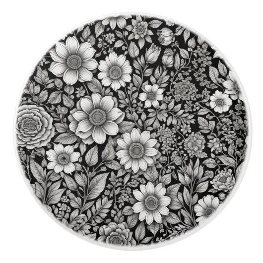 Schwarzweiß-Blume und Blätter Keramikknauf (Vorderseite)