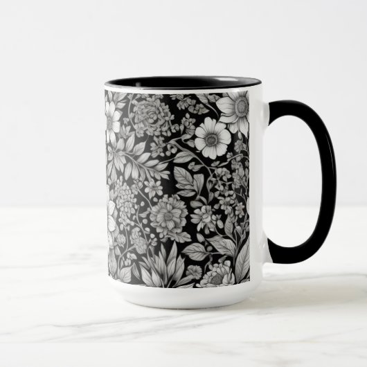 Schwarzweiß-Blume und Blätter Tasse (Rechts)