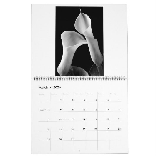 Schwarzweiss-Blumen-Kalender Kalender (Mär 2026)