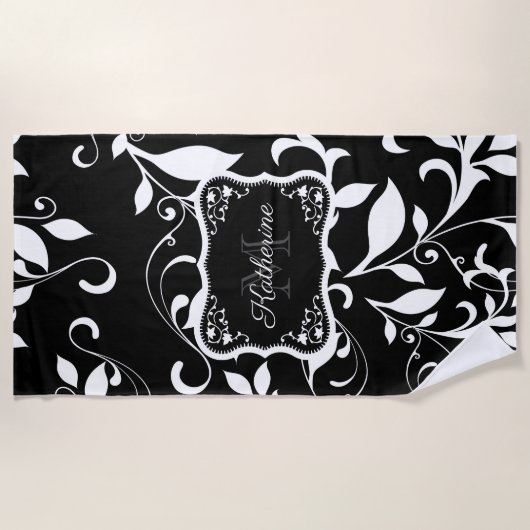 Schwarzweiss-Blumen Strandtuch (Vorderseite)
