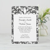 Schwarzweiss-Blumendamast-Hochzeits-Einladung Einladung (Stehend Vorderseite)