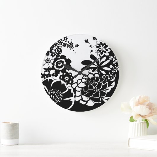 Schwarzweiss-Blumengarten-Grafik-Muster Große Wanduhr (Zuhause)