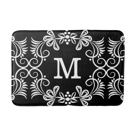 Schwarzweiss-Blumenmuster mit Monogramm Badematte (Vorderseite)