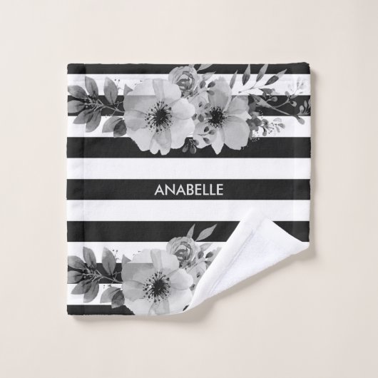 Schwarzweiss-Blumenstreifen Badhandtuch Set (Waschlappen)