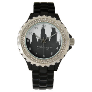 Schwarzweiss-Chicago-Skyline Armbanduhr
