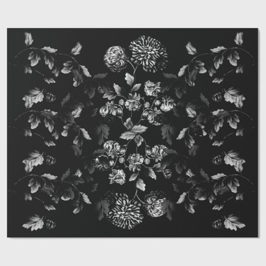 Schwarzweiss-Dahlie-Blumenrebe auf Schwarzem Geschenkpapier (Flach)