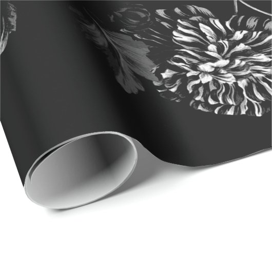 Schwarzweiss-Dahlie-Blumenrebe auf Schwarzem Geschenkpapier (Rolleneckpunkt)