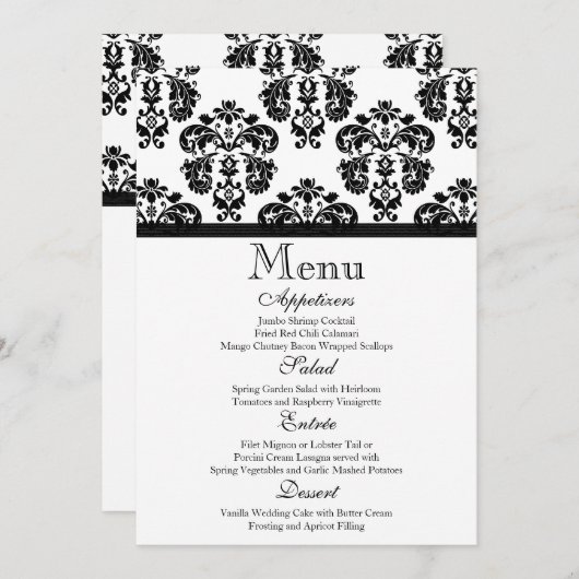 Schwarzweiss-Damast-Hochzeits-Menü-Karte Menükarte (Vorne/Hinten)