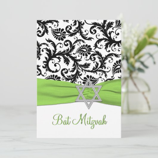 Schwarzweiss-Damast mit Limonem Imitat-Band Einladung (Stehend Vorderseite)