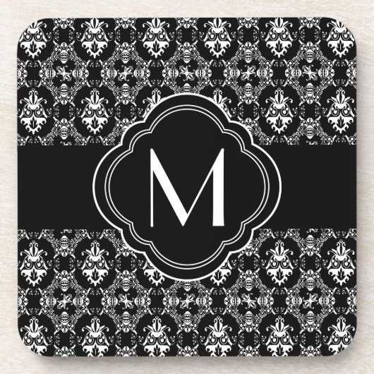 Schwarzweiss-Damast-Muster mit Monogramm Untersetzer (Vorderseite)
