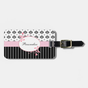 Schwarzweiss-Damast-schickes rosa Blumen mit Namen Gepäckanhänger