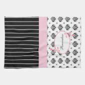 Schwarzweiss-Damast-schickes rosa Blumen mit Namen Geschirrtuch (Horizontal)