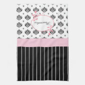 Schwarzweiss-Damast-schickes rosa Blumen mit Namen Geschirrtuch (Vertikal)