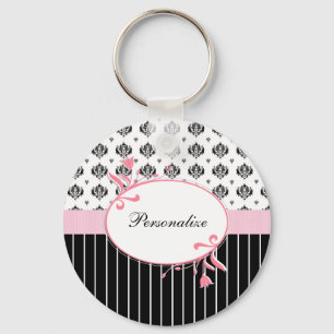 Schwarzweiss-Damast-schickes rosa Blumen mit Namen Schlüsselanhänger