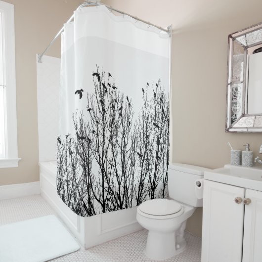Schwarzweiss-Duschvorhang, Vogel, Baum-Foto Duschvorhang (Beispiel)