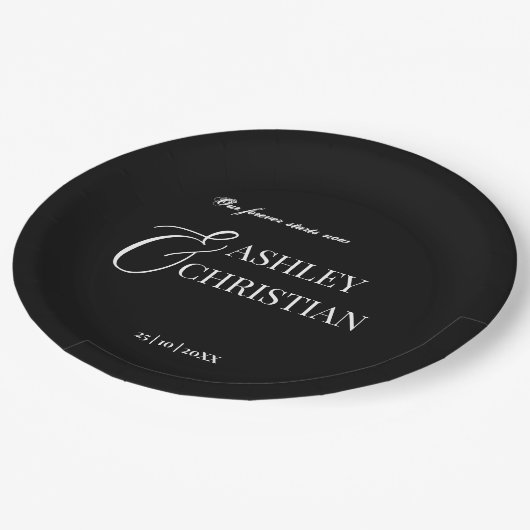 Schwarzweiß, elegante, einfache Monogramm gedruckt Pappteller (Schrägansicht)