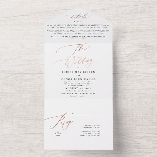 Schwarzweiß Elegante Einfache Rose Hochzeit Gold All In One Einladung (Innen)