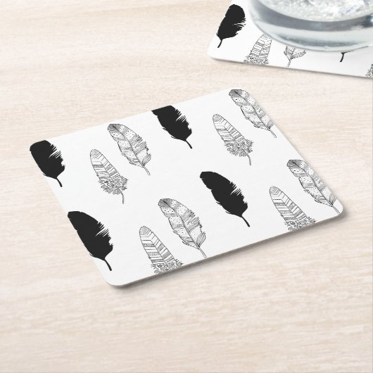 Schwarzweiss-Federn Rechteckiger Pappuntersetzer (angewinkelt)