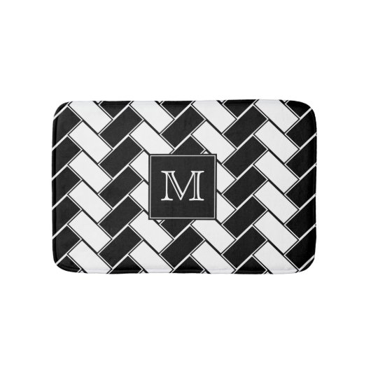 Schwarzweiss-Fischgrätenmuster mit Monogramm Badematte (Vorderseite)