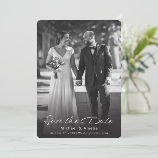 Schwarzweiß-Foto-Hochzeit speichern Sie die Datums (Stehend Vorderseite)