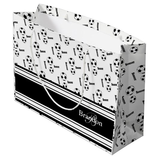 Schwarzweiss-Fußball-Entwurf Große Geschenktüte (Rückseite Schrägansicht)
