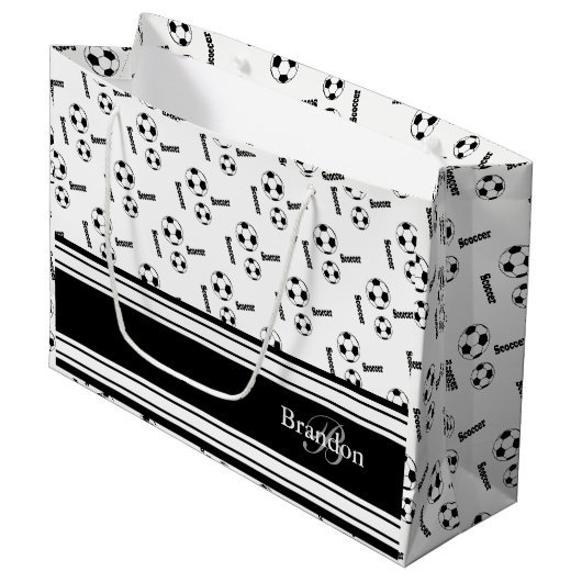 Schwarzweiss-Fußball-Entwurf Große Geschenktüte (Vorderseite Schrägansicht)