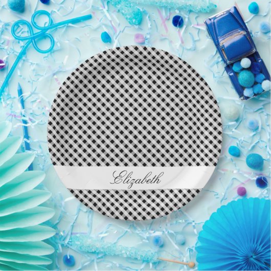 Schwarzweiss-Gingham-Karo-kariertes Muster Pappteller (Party)