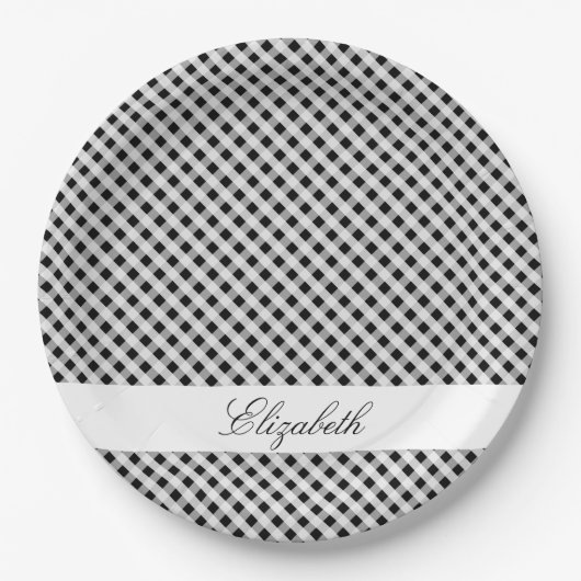 Schwarzweiss-Gingham-Karo-kariertes Muster Pappteller (Vorderseite)