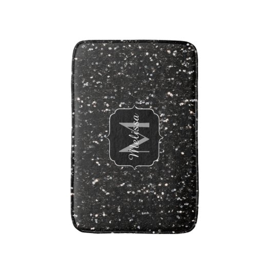 Schwarzweiß glänzende Glitzer Glitzern Monogram Badematte (Vorderseite Vertikal)